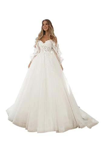 SoDigne Wedding Dresses for Bride 2025 Lace Applique Long Sleeve Tulle Summer Bridal Gowns for Women