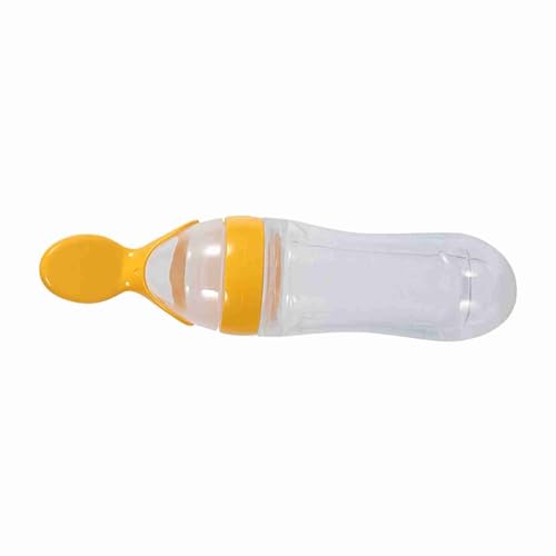 Tnfeeon Biberones para Bebés Que Amamantan, Biberón de Silicona para Niños Pequeños de 90mL con Cuchara, Alimentador Exprimidor de Cereales y Alimentos, Caliente (Yellow)