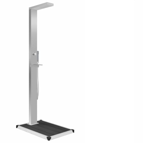 Sufrk Ducha de exterior con plato de WPC de acero inoxidable, ducha de jardín, con plataforma y alcachofa, rústico, ducha de exterior, para piscina, camping