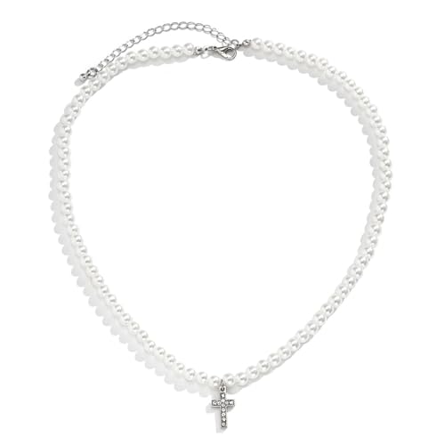 Collier Ras du Cou en Fausse Perle avec Croix pour Homme et...