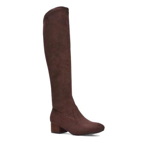 ESSEX GLAM Womens Knee High Stretch Calf Leg Ladies Brown Faux Suede Block Low Heel Shoes Size 4