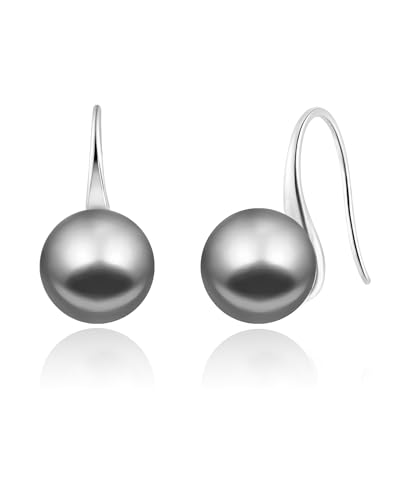 Weviway 925 Sterling Silver Pearl Drop Earrings for Women - Hypoallergenic 10mm Grey Pearl Earrings Dangle Earrings for Women Wedding
