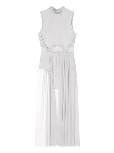 Doomiva Damen Tanzkleid Ärmellose Tanzanzug Lyrischen Kleid Tanz Trikotanzug Asymmetrisch Rock Latein Kleid Mit Strass Xa Weiß S