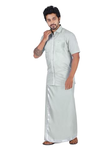 Image of PRAKASAM COTTON-Mens Art Silk Wedding Set /Art Silk 8 Mulam (8-Yard) Dhoti and Stitched Shirt for mens