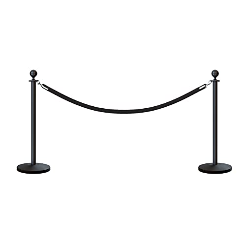 Crowd Control Warehouse - CCW Post and Rope Stanchion Kit - 2 Black Ball Top Posts, 1 Black Heavy Duty Velvet Cotton Core Rope (6ft Each) in Polished Stainless Snap Ends