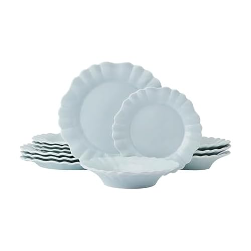 Pfaltzgraff Graceful Petals 12 Piece Stoneware Dinnerware Set, Service for 4, Scalloped Plates Bowls for Everyday Use, Blue