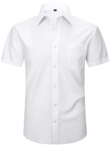 Lumilk Men Short Sleeve Dress Shirt Stretch Solid Casual Button Down Shirts with Pocket Regular Fit White S