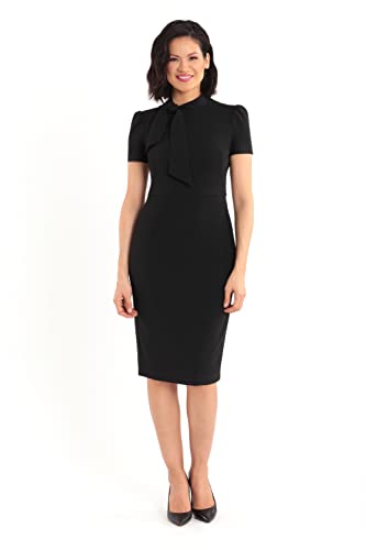 Image of Maggy London Womens Midi Short Sleeve Sheath with Neck Tie Career Office Work WearCocktail Dress