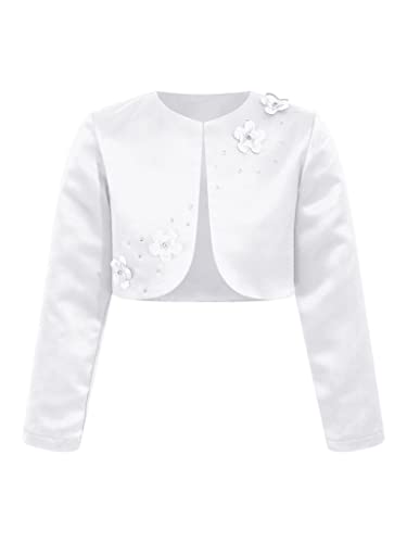 Jelory Kids Girls Elegant Round Neck Bolero Jacket Open Front Shawl Wraps Applique Satin Wedding Outerwear Cardigan3