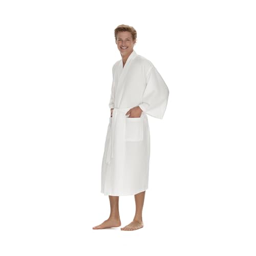 Men's Waffle Robe by BOCA TERRY, Waffle Knit Spa Robe, Long Lightweight Cotton Kimono Hotel Bathrobe2
