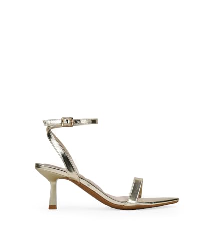 BOSANOVA Sandalias de Fiesta para Mujer Metalizadas con Tira Fina al Empeine y Suela de Punta Fina con tacón Kitten. Cierre de Pulsera con Hebilla. Calzado para Mujer Oro 39