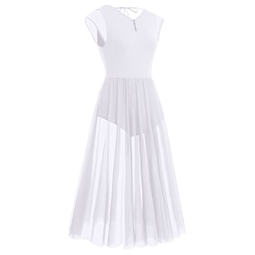 Odasdo Lyrical Dance Costumes For Women Adult Modern Contemporary Dancewear Cap Sleeve V-Neck Flowy Mesh Tulle Split Maxi Long Dress Ballet Leotard Ballroom Stage Performance Costume White L #TOP1