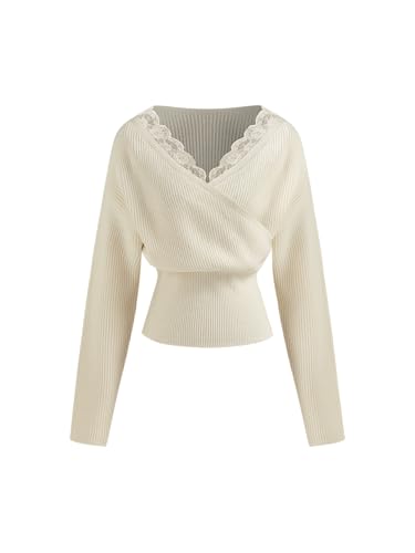 CIDER Wrap Sweater for Women V Neck Long Sleeve Knit Top Solid Lace Trim Pullover Oversized Sweaters