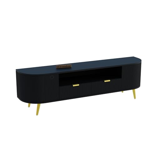 Image of 60L x 16W x 22H Inches Solid Wood TV Unit for Living Room | Modern Black TV Stand for 55-65 Inch TV | Free Standing Entertainment Cabinet with 2 Drawers & 5 Shelves