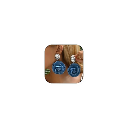 Denim Flower Earrings for Women Dangling Boho Camellia Dangle Hook Long Earring Fashion Denim Flower Drop Earrings Blue Jean Fabric Accent Jewelry