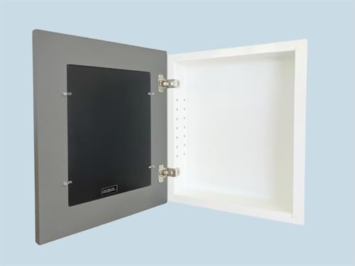 Image of 14x18 Concealed Picture Frame Medicine Cabinet without Mirror for Bathroom, Recessed in the Wall, Made in North America, Real Wood, NO MDF, Adjustable Shelves, Hidden, Dark Gray