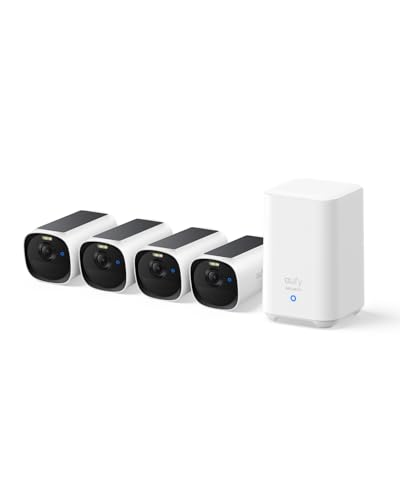 eufy Security eufyCam E40   Kit de 4 cámaras (HomeBase 2), cámara de seguridad solar inalámbrica para exteriores, resolución 2K con panel solar integrado, visión nocturna MaxColor, almacenamiento