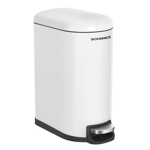 SONGMICS Abfalleimer für Badezimmer, 10 l, klein, Deckel, Treteimer für Toilette, kompakt, kleiner Raum, aus Stahl, sanfter Verschluss, Wolkenweiß LTB10WT