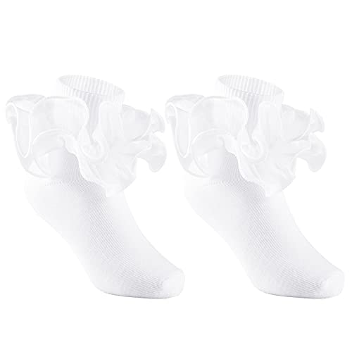 Yepami 3 Pairs Girls Ruffle Socks Big Double Lace Frilly Trim Dress Socks (White, Small, 2_Years) #TOP1