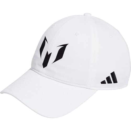 adidas Gorra Messi Dad – Logotipo de Messi bordado, sarga de algodón, ala precurvada, correa trasera ajustable, banda absorbente para el sudor, Blanco/Negro, talla única