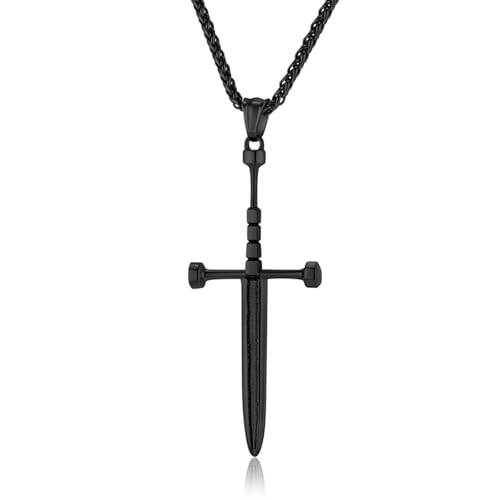 MERTTURM Crocifisso Collana Uomo, Gioiello Maschile Collana con Ciondolo a Croce Spada, Catena in Acciaio Inossidabile Croce Spada per Battesimo Cristiano, Uomo, Gotica, Rock, Punk con Scatola Regalo