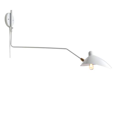 Image of JONATHAN Y Frank 1-Light Wall Sconce Swing Arm Metal 35 inch, White /Brass Gold | Mid-Century Modern, Adjustable Bowl Shade, Retro, Plug-In, Down Light, LED Bulb Included
