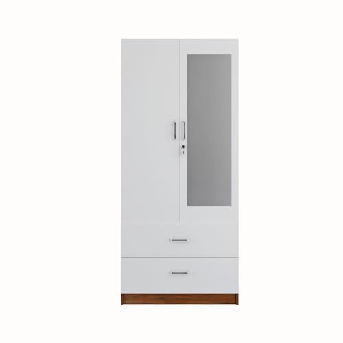 Image of VIKI Wardrobe | Albarracin Wardrobe | Wooden Almirah for 2 Door Wardrobe with 2 Drawer & Hanging Space with Mirror (Walnut |White - 40D x 80W x 180.8H) | 1 Year Warranty | Free Assembly