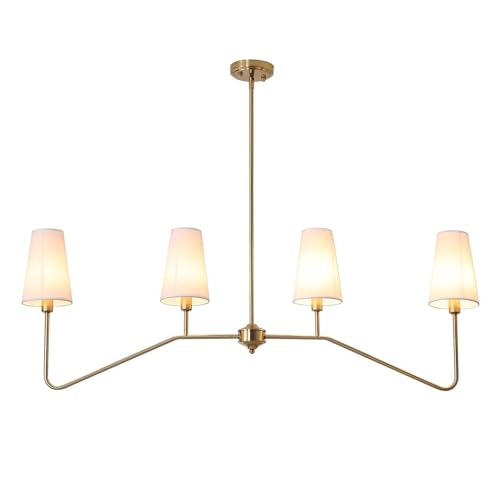 Cuisine Suspension Luminaire,120 Cm Linéaire Lustre Salon 4-Light Classic Linear Or Lampe Avec Un Abat-Jour En Lin Blanc E14 Luminaires IntéRieur Pour...