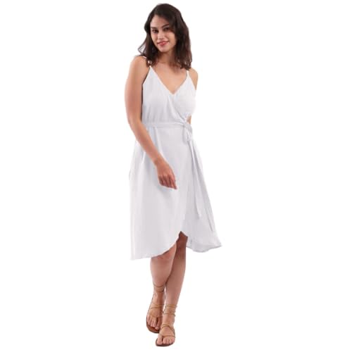 Image of Amazhiyu Women's Cotton Gauze Summer Midi Wrap Dress | Spaghetti Strap, Sleeveless, with Pockets, V-neckline