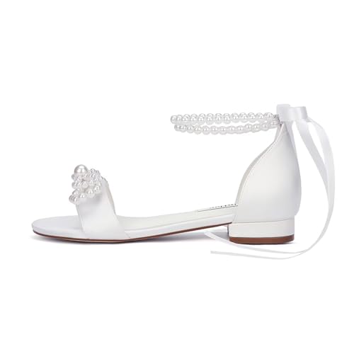Flat Wedding Shoes for Bride Pearl Sandals Open Toe Wedding Flats Double Bowknots Bridal Flats3