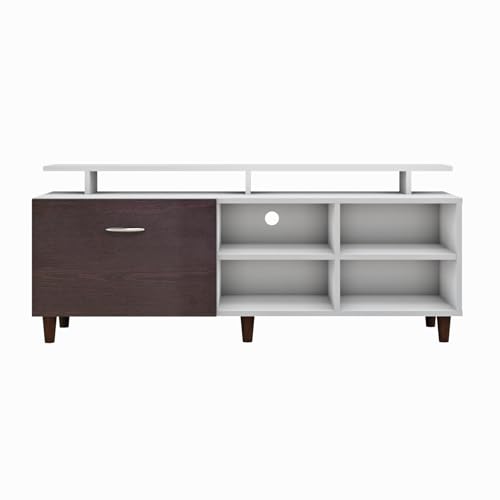 Image of VIKI Modern TV Unit for Living Room | Engineered Wood TV Cabinet with 1 Drawer Storage, 2 Open Shelves & Extension, Entertainment Unit, 140W x 48H x 40D cm | DIY | 1 Year Warranty (White & Wenge)