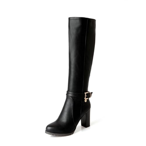 WOkismD - WOkismD 8CM / 3.14IN Bottes de Chevalier à Talon épais pour Femmes Plate-Forme étanche à Talon Haut Bottes en Cuir à Bout Rond,Noir,37 EU