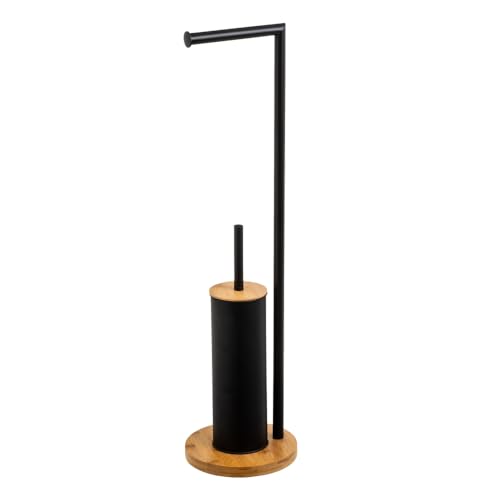 Portarrollos con escobillero de Metal Negro y bambú de Ø 19x73 cm