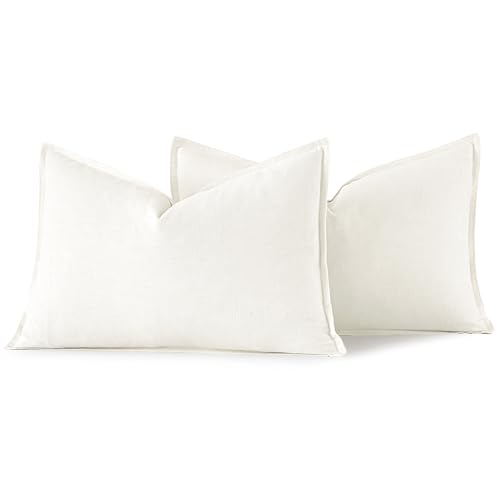 Image of MIULEE Decorative Linen Lumbar Pillow Covers 12x20 Inch Cream White Boho Farmhouse Neutral Couch Throw Pillows for Bed Pack of 2 Accent Modern Pillowcase Sofa Livingroom Home Decor