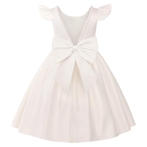 Uhnice Flower Girl Satin Dress with Pearls Flutter Sleeves V Back Gown with Removable Bow for Wedding Birthday Party (Ivory, 100/3-4 Years)