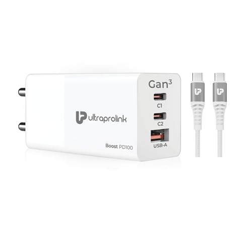 Image of UltraProlink 100W PD PPS Super Fast GaN Travel Charger | 3-USB Ports | for Laptops, MacBook Pro, MacBook Air, iPhone 16 /15 Series, Pixel & Galaxy Phones | with 100W Cable | UM1184 |Boost PD100|White