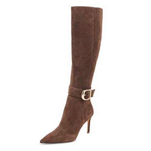 FOWT Women Stiletto High Heel Knee High Boots Pointed Toe Ankle Buckle Side Zipper Long Boots Comfy Winter Daily Dress Shoes Size 4-16 US