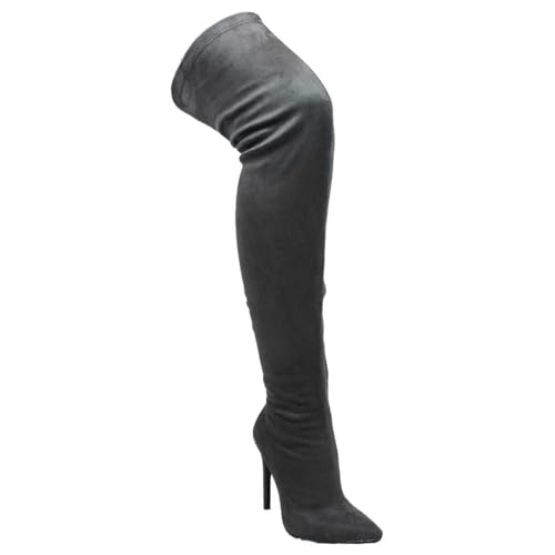 Liliana DB54 Women Suede Pointy Toe Thigh High Single Sole Stiletto Boot Grey 8