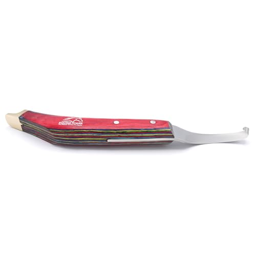 Image of Equine Care Farrier Hoof Knife, Left-Handed, Brass Cap for Horse Shoeing | Left-handed farrier hoof knife with J2 stainless steel blade, notched brass shoe topper, layered handle and flat thumb rest