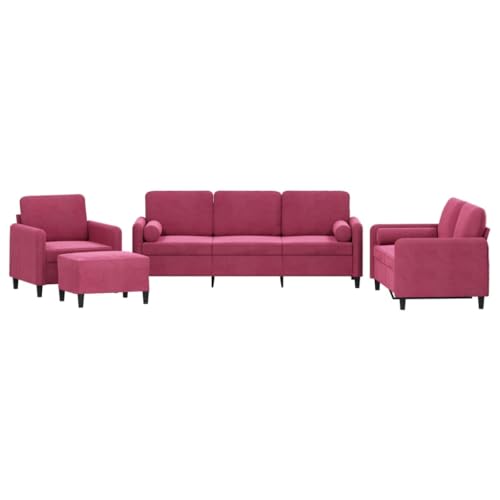 vidaXL Sofagarnitur 4-TLG., Sessel Couch mit Kissen Fußhocker, Sofa Wohnzimmersofa mit Armlehnen, Couchgarnitur Designsofa Sitzmöbel Polstermöbel, Weinrot Samt