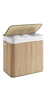 SONGMICS - Cesta de lavandería (150 L, 3 compartimentos de clasificación, tapa de bambú, asas, plegable, bolsa extraíble lavable a máquina, para lavandería, dormitorio, color madera LCB091N01 - imagen 4
