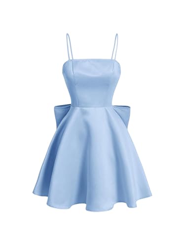 Image of WDIRARA Women's Satin Bow Homecoming Dresses Spaghetti Strap Wedding Guest Gown Summer Mini Dress