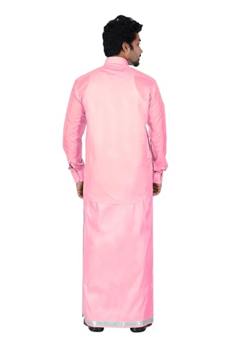 Image of PRAKASAM COTTON-Mens Art Silk Wedding Set /Art Silk 8 Mulam (8-Yard) Dhoti and Stitched Shirt for mens