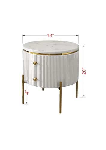 Image of Spain Bedside Table with 2 Drawers, 18x18x18 Inch, Round Sintered Marble Top, Gold Metal Legs & Handle, Waterproof Plywood Body, Modern Side Table for Sofa /Bedroom (White)