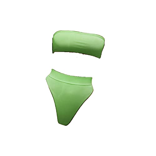 JEsilunmaMY Women's Solid Color Bandeau Swimsuit Sexy Strapless High Waist Padded Bikini Set Summer Beach Bathing Suits (US Size L Asia XL,Green)