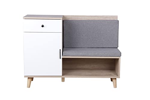 H&H Happy Home Schlichter und stilvoller Schuhschrank Schuhregal mit Sitz Schuhbank mit Sitz für 8-10 Paar Schuhe Polsterbank Eingangsflur MDF Weißgrau HFH18-WEI Cover