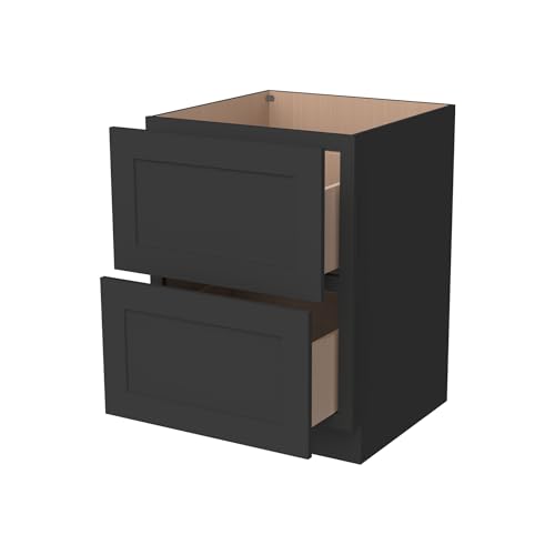 HCIOAN Shaker Style Base Cabinet with 2 Soft-Close Drawers - Solid Wood Frame,RTA Kitchen Storage Cabinet for Pantry Bathroom Laundry Room Office (Charcoal Black Shaker, 24" W x 24" D x 34.5" H)
