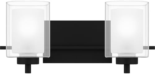 Quoizel Kolt Modern Vanity Lights, 2-Light, 18 Inch Matte Black Bathroom Lighting Fixtures Over Mirror, Sandblasted Inner Glass, 100 W A19 Bulb, Wall Mount Light for Bathrooms, Kitchen or Hallway