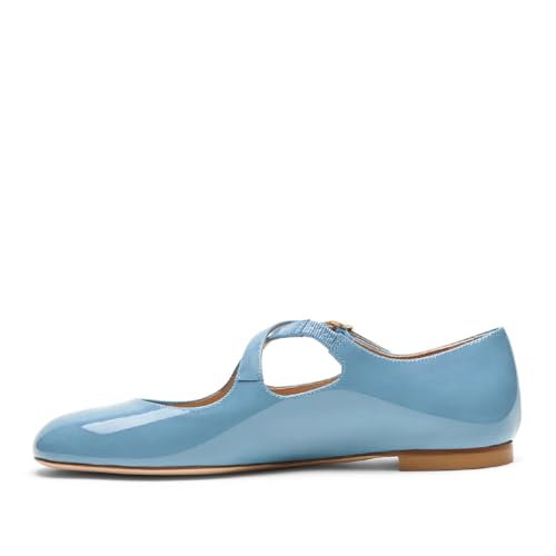Women's Square Closed Toe Crisscross Ballet Flats Chic Patent Leather Cross Strap with Buckle Mary Jane Flat Shoes Casual Dressy Comfortable Flats for Women Light Blue Size 94