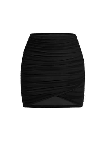 GORGLITTER Women's High Waist Ruched Sexy Bodycon Mini Skirt Clubwear Party Short Skirts Solid Black L
